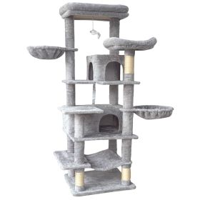 68in Multi-Level Cat Tree Tower with Hammocks, Cat Condo, Hanging Basket, Removable Cushions & Sisal Scratching Posts, Plush Cat Activity Center (Color: LightGray)