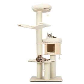 4-Layer 68.5-Inch Wooden Cat Tree Condo Activity Tower with Sisal Posts (Color: Natural)